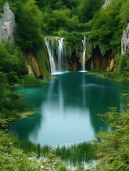 Lush green forest surrounds turquoise waterfall lake