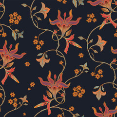 Orange and purple flowers on a black background. Seamless design.