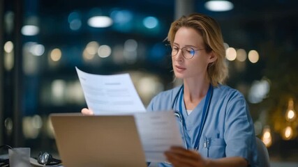 139Dedicated nurse checking patient history on screen, medical forms and stethoscope nearby, balanced natural and artificial light illuminating workspace - Powered by Adobe