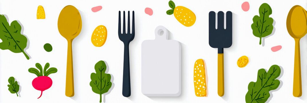 Colorful flat illustration of kitchen utensils including spoons and forks, surrounded by fresh vegetables and fruits, creating a vibrant culinary atmosphere with copy space
