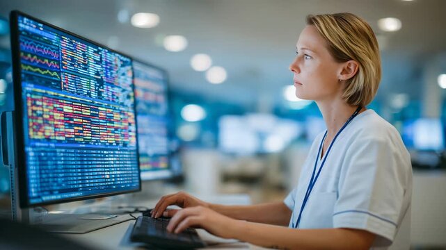 138Professional female nurse at clean organized nursing station, analyzing patient data on large monitor, sterile white and pastel blue environment