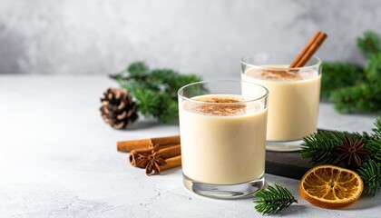Festive eggnog drink with cinnamon sticks and seasonal decorations a cozy holiday treat for christmas and new year.