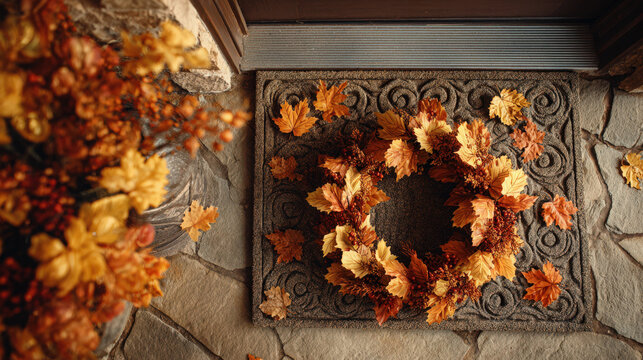 An inviting autumn wreath with colorful leaves on a welcome mat for a warm greeting.