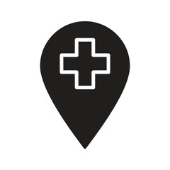 Obraz premium Medical location pin with a cross icon representing a hospital and a clinic on a map for a healthcare and an emergency