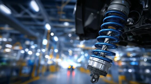 150Detailed engineering perspective of car rear suspension showing spring compression and damper mechanism, high-tech industrial environment background