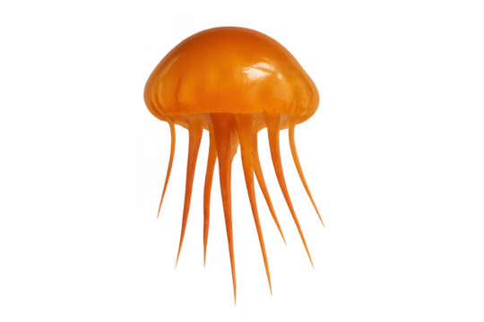 Orange plastic jellyfish toy featuring translucent bell and trailing tentacles, rendered on transparent background