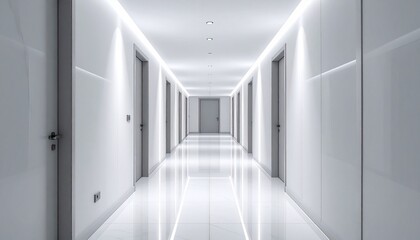 Obraz premium Modern minimalist hallway with doors clean architectural design elegant interior space bright white corridor.