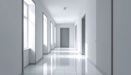 Fototapeta premium Clean Modern Hallway Interior Design White Walls and Bright Sunlight Minimalist Architecture and Light Reflection.