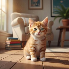 Orange tabby kitten sitting on wooden floor in cozy living room  