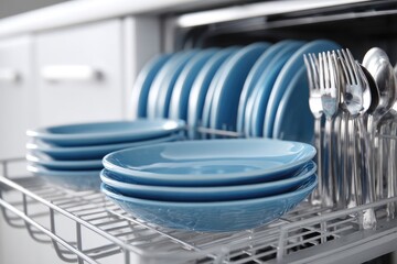 Clean blue dishes in a dishwasher