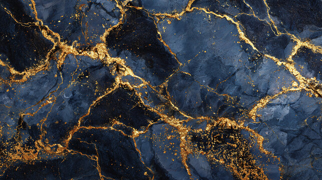 An abstract close-up shot of a textured golden veins against a deep blue stone background