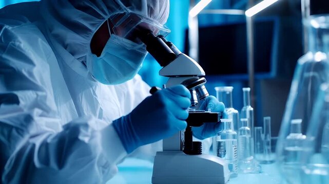 A closeup of a person in a protective suit and mask, intently looking through a microscope in a laboratory setting. The person is wearing a white lab coat, gloves, and a face mask.