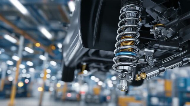 152Detailed engineering perspective of car rear suspension showing spring compression and damper mechanism, high-tech industrial environment background
