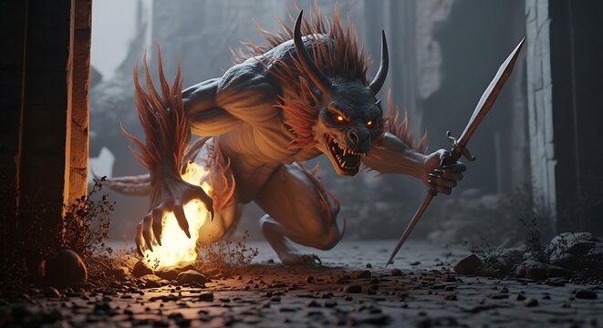 Fierce dragon creature with glowing eyes and sharp claws holding a sword in a dark ancient ruin