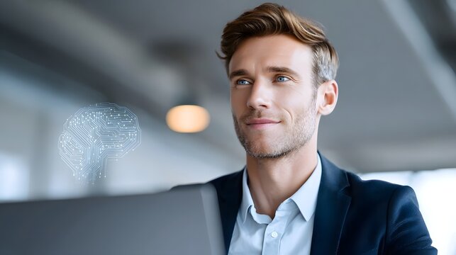 A professional man contemplates a glowing holographic brain with circuitry symbolizing advanced technology  intelligence and innovative thinking in a modern workspace - Powered by Adobe