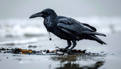 Obraz premium Raven on the beach scavenging for food by the ocean standing on the sand in its natural habitat with calm water and coast.