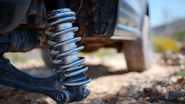 157Macro shot of rear coil spring and shock absorber assembly under vehicle, clean metal surfaces with focus on functional details