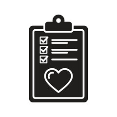 Medical checklist on a clipboard with a heart icon representing a patient health record and a wellness survey for a healthcare