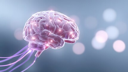 Vibrant 3D render of a pinkish purple brain illuminated with glowing points and purple neural pathways representing cognitive function medical science