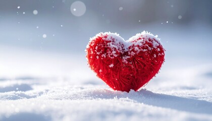Fototapeta premium Red Heart in Winter Snow - Symbol of Love Romance and Valentine's Day Concept in a Cold Environment.