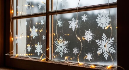 Winter window decorated with snowflake stickers and string lights for the holidays