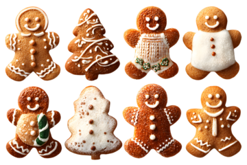 Collection of various gingerbread men cookies isolated on transparent background