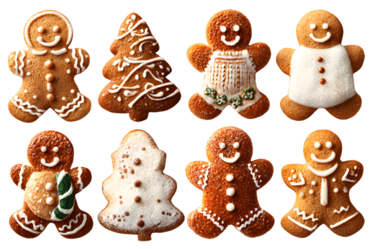Collection of various gingerbread men cookies isolated on transparent background