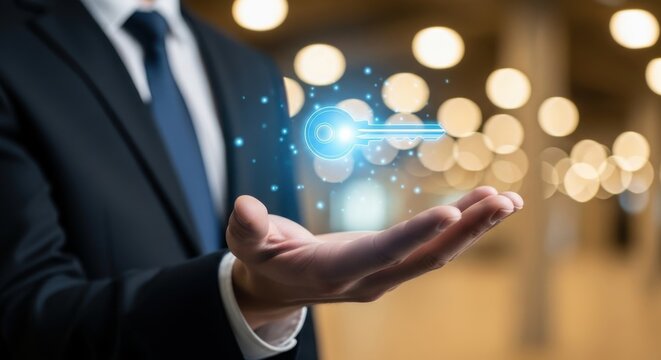 Businessman holding glowing digital data stream with abstract bokeh lights in the background