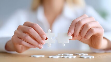 Two hands meticulously connect white jigsaw puzzle pieces on a desk surface visually representing partnership strategy problem solving and successful completion of a challenge