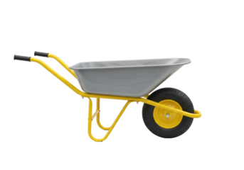Yellow wheelbarrow PNG isolated on transparent background, construction equipment for gardening and landscaping projects