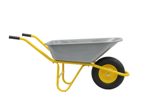 Yellow wheelbarrow PNG isolated on transparent background, construction equipment for gardening and landscaping projects