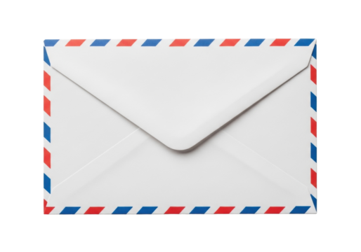 Airmail envelope PNG isolated on transparent background, classic red and blue border design for correspondence and travel themes