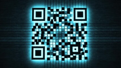 Abstract glowing blue qr code displayed on dark background - Powered by Adobe