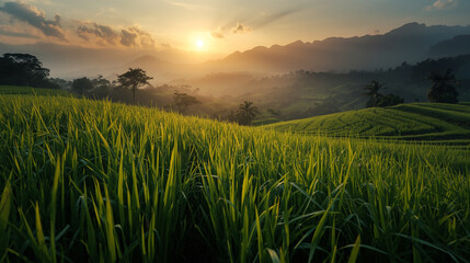 sunrise come behind the cloud over rice field