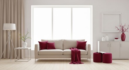 Fototapeta premium Modern Minimalist Living Room with Beige Sofa, Magenta Accents, and Large Window with Curtains.