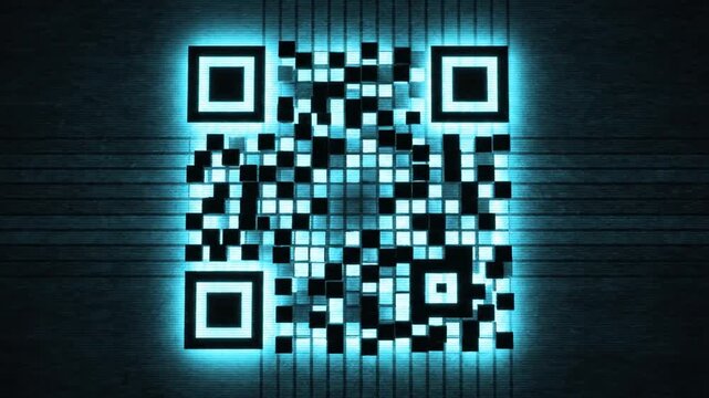 Abstract glowing blue qr code displayed on dark background - Powered by Adobe