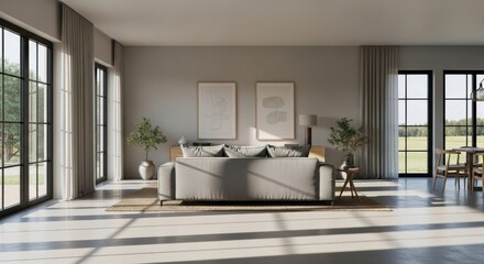 Fototapeta premium Symmetrical Modern Living Room with Grey Sofa, Framed Art, and Large Windows with a Field View.