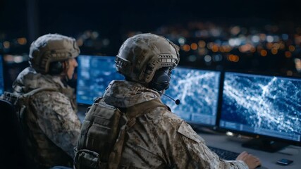 175Intelligence analyst and military agent collaborating at system control console, holographic maps and data overlays providing real-time situational awareness - Powered by Adobe
