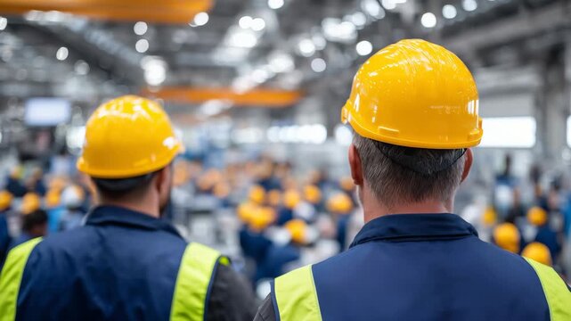 178Factory employees wearing hard hats and safety vests attending a safety briefing in a large industrial hall, view from behind showing attentive posture and machinery in background