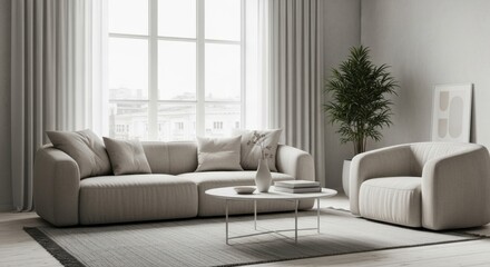 Fototapeta premium Bright Scandinavian Living Room with Beige Sofa, Armchair, Large Window, and Framed Art.