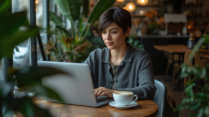 woman works with laptop in the restaurant