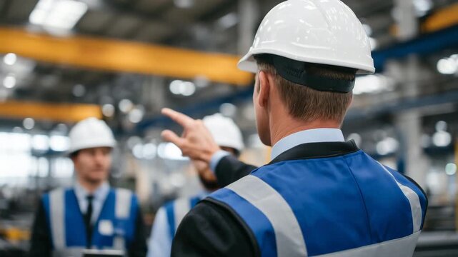 185Rear perspective of factory team during safety meeting, supervisor pointing at safety posters, workshop environment showing steel beams and equipment