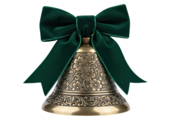 Ornate golden Christmas bell with green velvet bow isolated PNG, festive holiday decoration on transparent background
