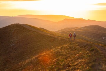 Obraz premium People going hike up mountain, mount background