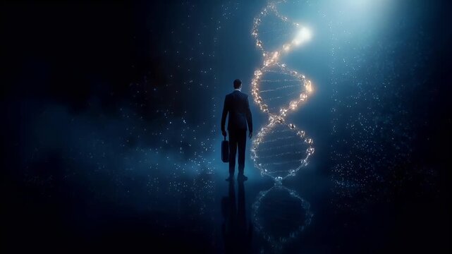 A man in a suit stands against a cosmic backdrop, holding a briefcase. The scene is illuminated by a radiant light source, casting a glow on the mans silhouette and the surrounding space.