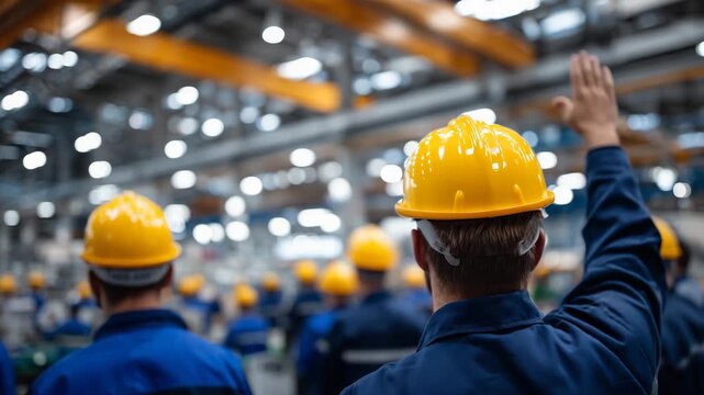 187Employees gathered for mandatory safety training in production hall, viewed from behind, highlighting uniform hard hats and industrial atmosphere