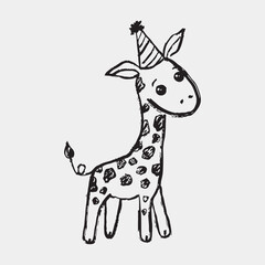 Hand drawn giraffe in birthday party hat. Vector sketch illustration in vintage crayon charcoal style. Happy Birthday greeting card, gender party invitation, baby shower