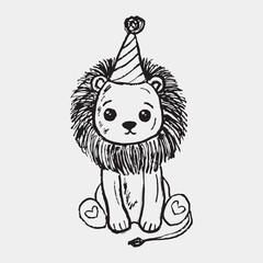 Hand drawn lion sitting in birthday party hat. Vector sketch illustration in vintage crayon charcoal style. Happy Birthday greeting card, gender party invitation, baby shower