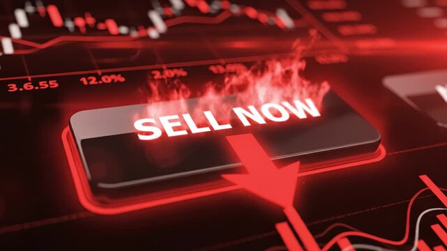 Sell button with red glowing flames and arrow on financial market stock chart showing urgent market decline and sell off trend in digital trading environment
