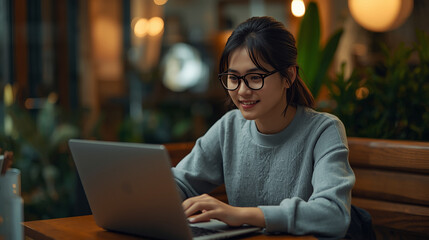 Young woman using cafe's internet to do her homework